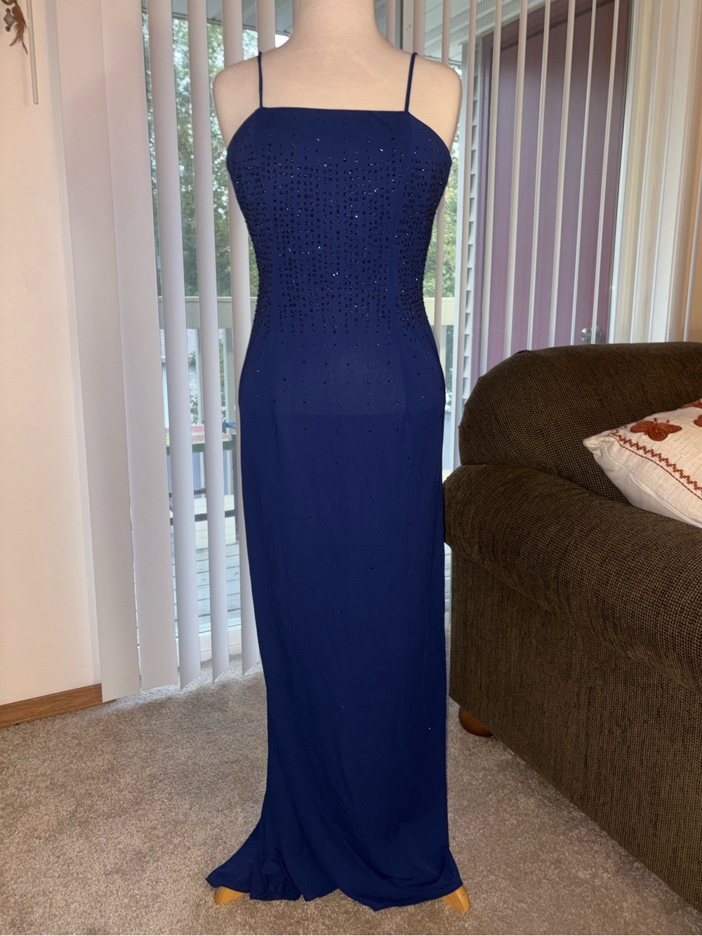 Cache Navy Beaded Spaghetti Strap Maxi Dress